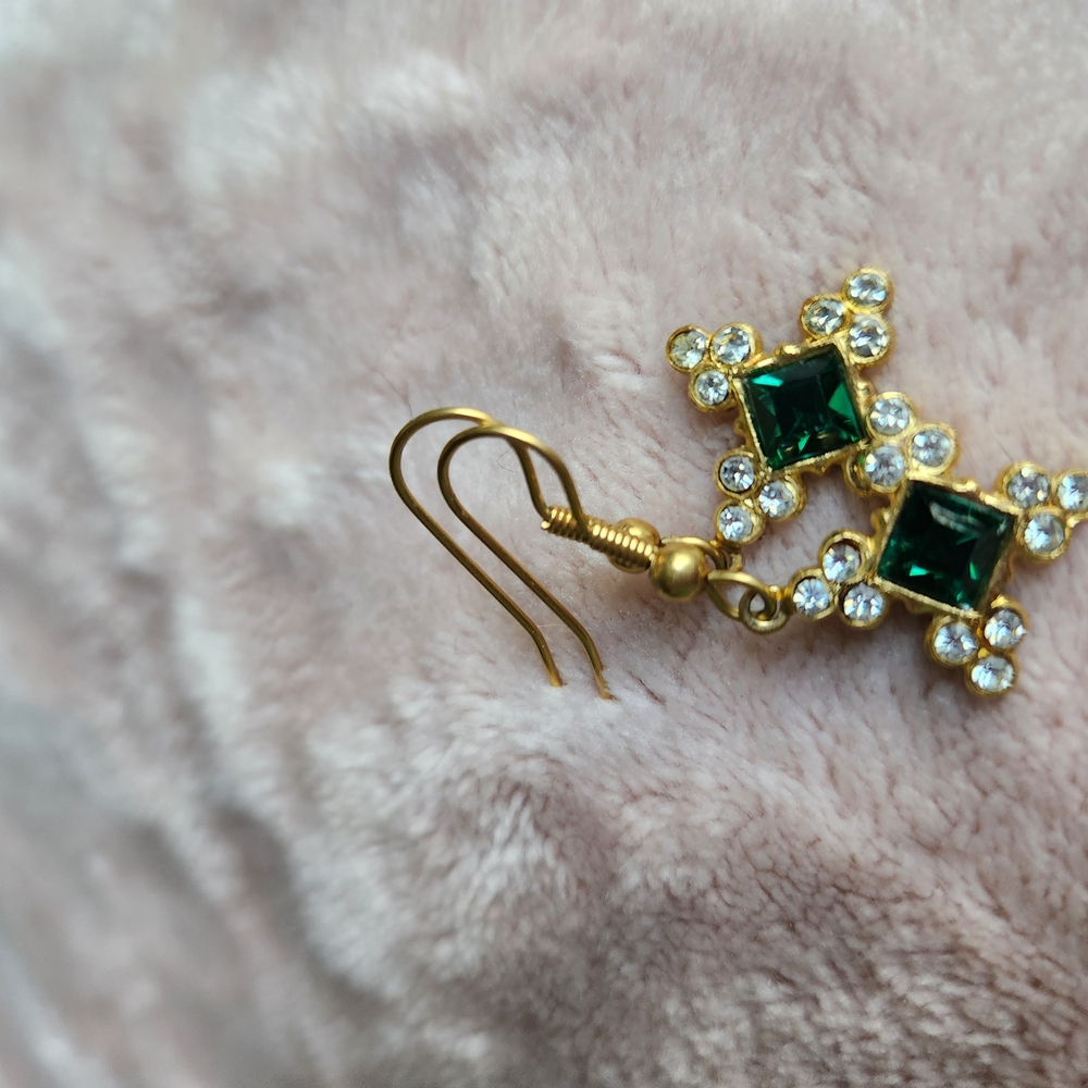 Gold Green Earrings Crystal Accents - Picture 2 of 6